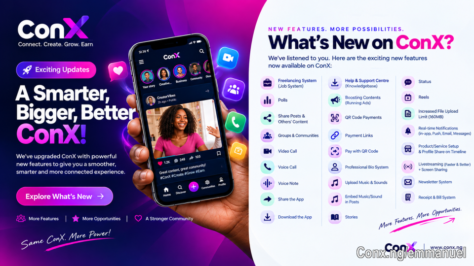 I Didn't Want to Just Build Another Social Media Platform.

When we started building ConX, the vision was never simply to create another place where people scroll through posts.

I wanted to build something that could become genuinely useful to people's digital lives.

Something where you can connect with people.

Build a community.

Create content.

Find opportunities.

Offer your skills.

Promote your business.

Sell products and services.

Communicate through voice and video.

Receive payments.

And continue building your digital presence.

That vision has pushed us to keep developing.

Today, I'm proud to say that ConX has evolved significantly.

We've introduced freelancing and job opportunities, polls, improved content sharing, groups and communities, voice calls, video calls, voice notes, professional bios, Stories, Status, Reels, music and sound uploads, music attached to posts, content boosting, QR-code payments, payment links, transaction receipts and bills, improved livestreaming, screen sharing, larger file uploads up to 160MB, improved real-time notifications, newsletters, app downloads and a knowledge-based support centre.

We've also continued improving the interface to make the experience cleaner and easier to navigate.

But for me, the most important part isn't the number of features.

It is what these features can enable.

A creator should be able to build an audience.

A freelancer should be able to find opportunities.

A business should be able to reach customers.

A community should have a place to grow.

A professional should be able to showcase what they do.

And an individual should be able to communicate, discover and participate without needing a completely different platform for every activity.

We are still building.

We are still learning.

We are still improving.

And we know there is a long road ahead.

But every update takes ConX closer to the platform we envisioned.

This is not just about building technology.

It is about building possibilities.

Thank you to everyone who has joined us, tested the platform, provided feedback, reported issues, shared ConX and continued believing in what we're building.

The next chapter is even bigger.

ConX. Connect. Create. Grow. Earn.